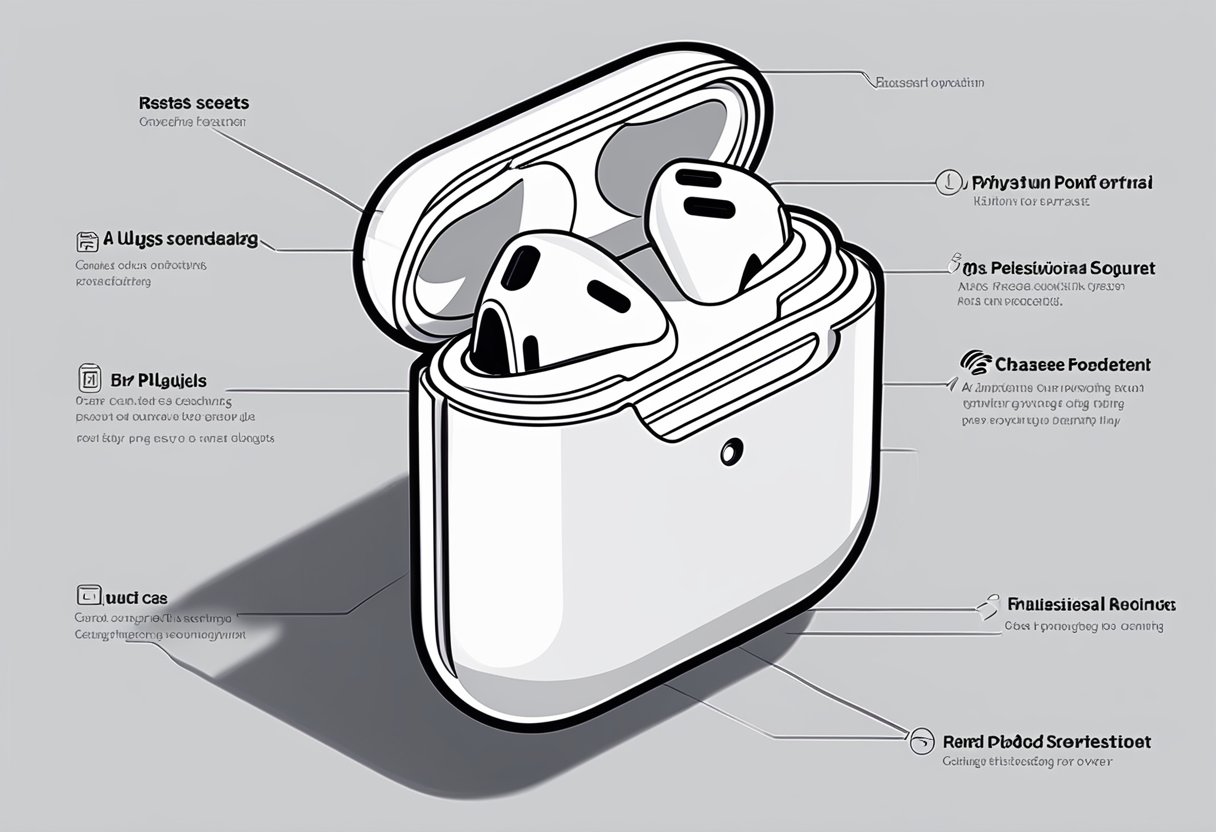 AirPod case open, charging port visible. User checks for debris, cleans port. Resets case, plugs into power source