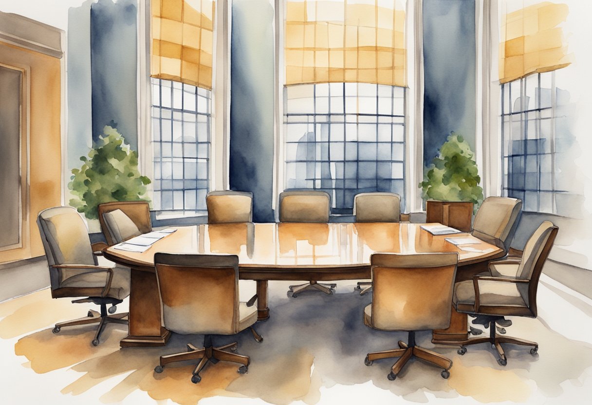 A boardroom table with four distinct chairs, each representing a different style of leadership: autocratic, democratic, transformational, and laissez-faire