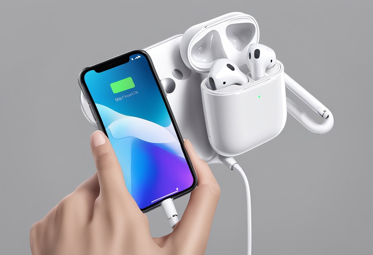 AirPods placed next to open charging case, with a finger pressing and holding the setup button on the back of the case