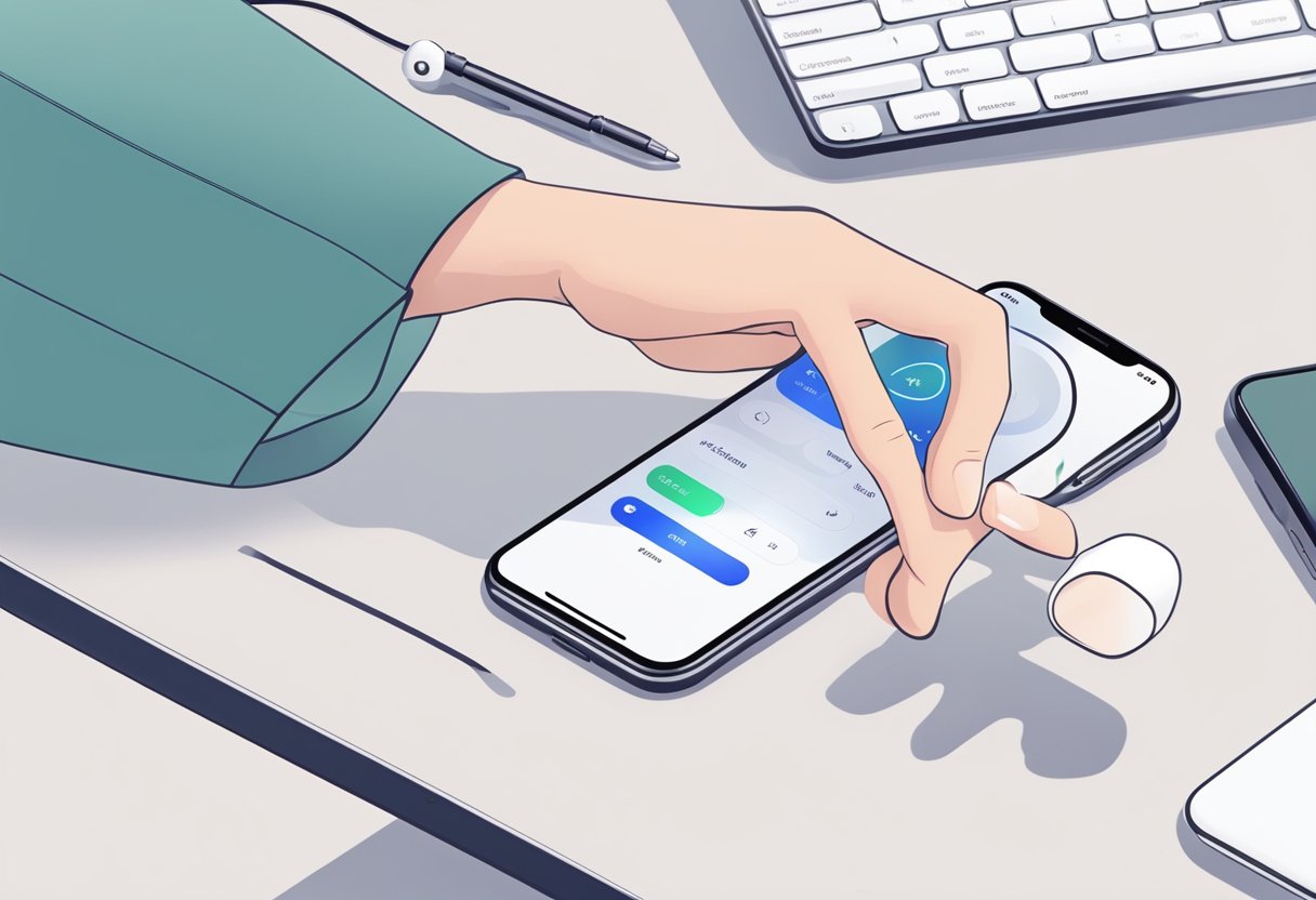 AirPods lay on a table, double-tap motion indicated. A smartphone displays troubleshooting steps. A hand reaches for the AirPods, ready to fix the touch controls