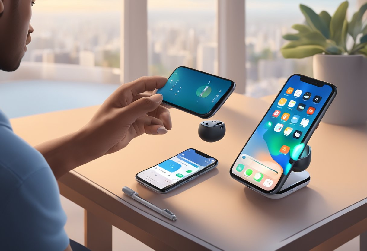 AirPods placed on a table, with a person holding a smartphone, checking the microphone settings