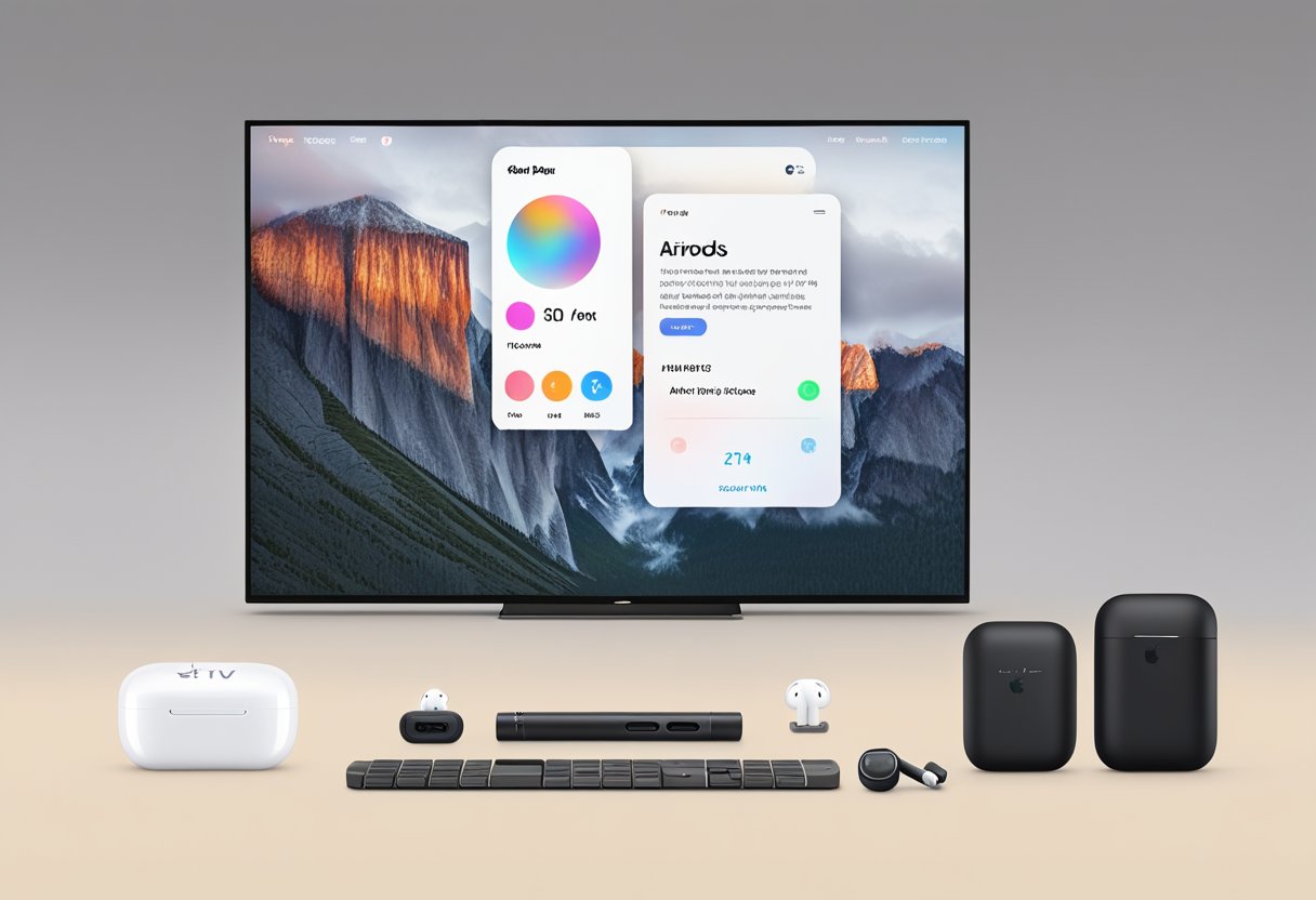 An Apple TV device and a pair of AirPods are placed next to each other, with the AirPods in pairing mode and the Apple TV screen displaying the "fix airpods not showing" prompt