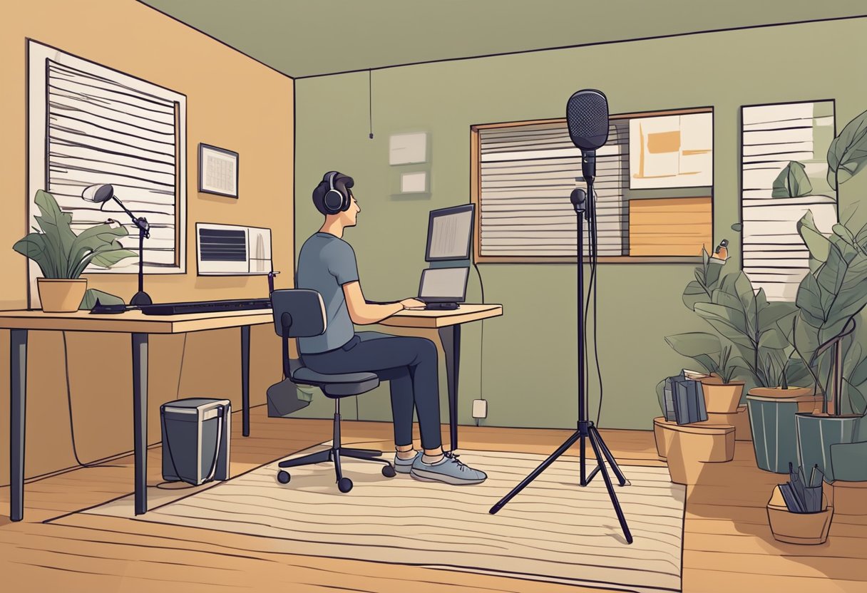 A cozy recording studio with a microphone, soundproof walls, and a script on a stand. A voice actor practices their craft with a supportive coach