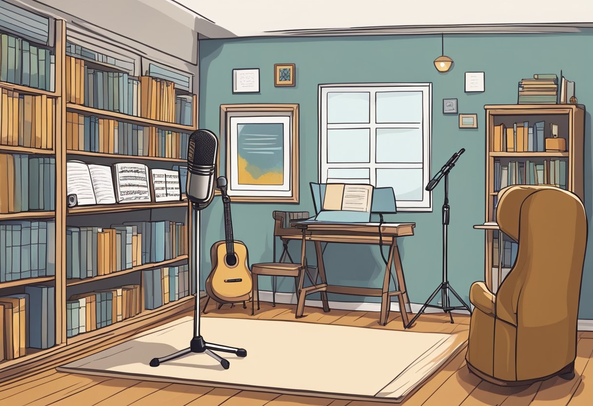 A cozy, well-lit studio with a microphone, music stand, and comfortable seating. A whiteboard displays vocal exercises and a bookshelf holds resources on voice coaching