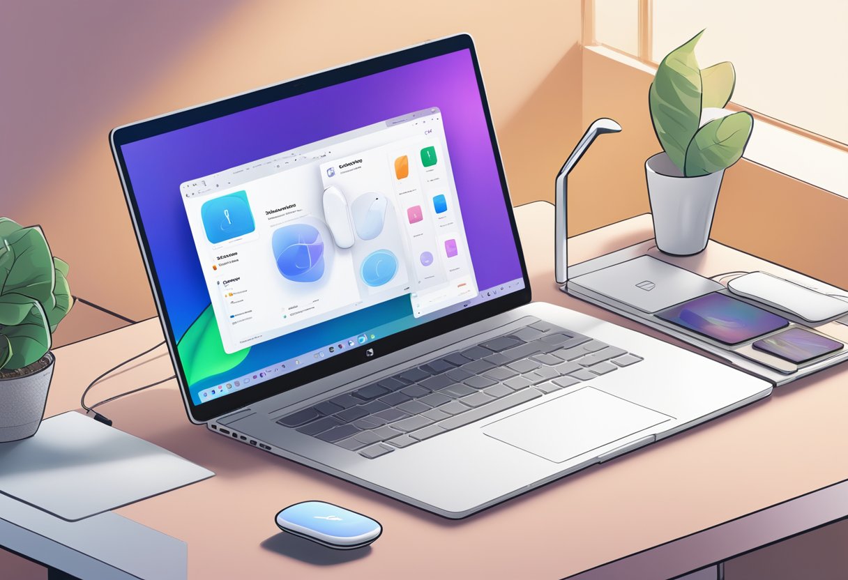 An open laptop displaying a Windows 11 desktop, with a pair of AirPods placed nearby. A troubleshooting guide for fixing AirPods not working is visible on the screen