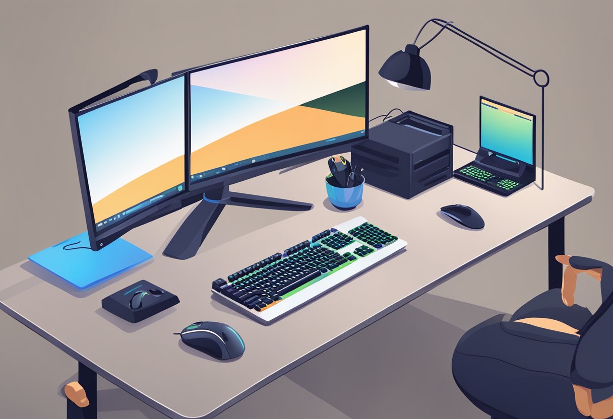 A computer desk with a gaming setup, including a keyboard, mouse, and monitor. A person's hand reaching for the mouse, ready to begin online gaming coaching