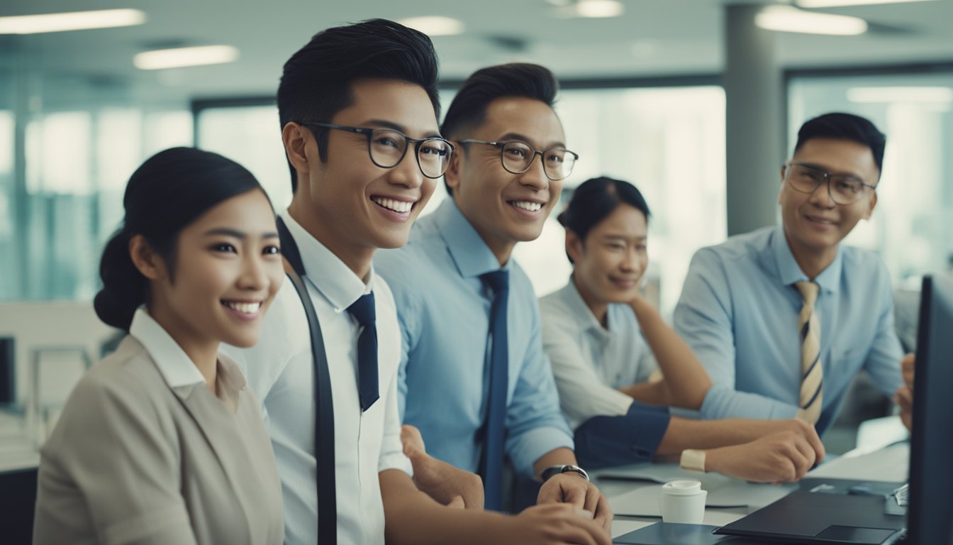 A diverse group of people from different countries seeking personal loans in a modern Singaporean bank, with a helpful bank officer guiding them through the process