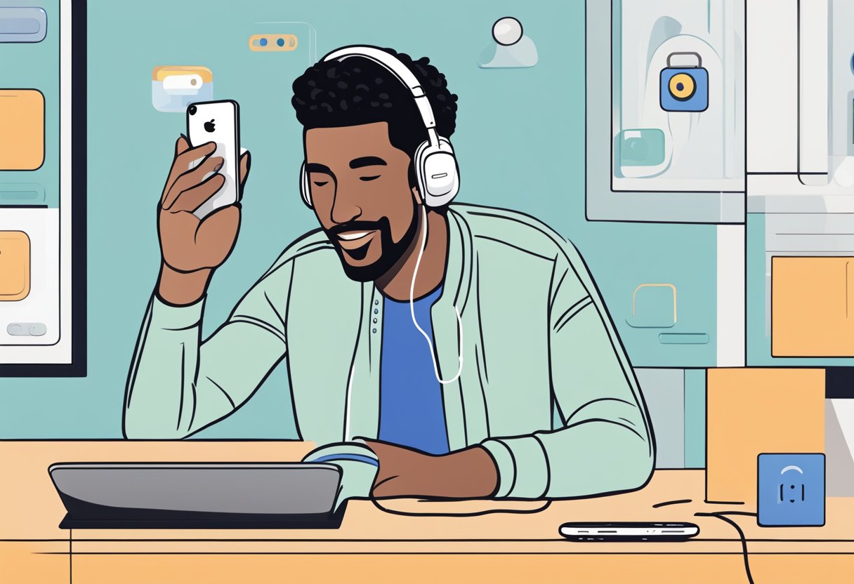 Airpods connected to a phone, facetime app open, user taps "audio" option, adjusts volume, tests microphone and speakers