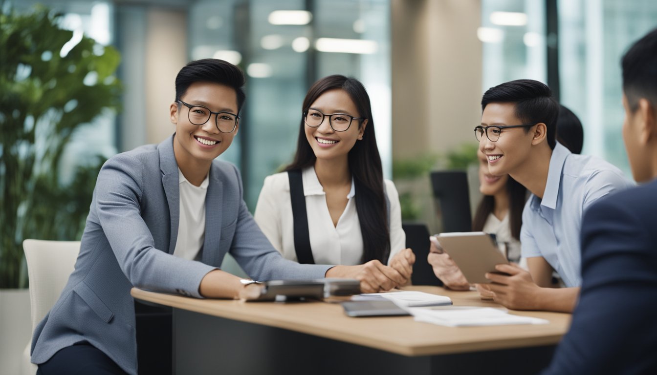 A diverse group of people from different countries seeking personal loans in a Singaporean bank. The bank staff assist them with paperwork and provide information