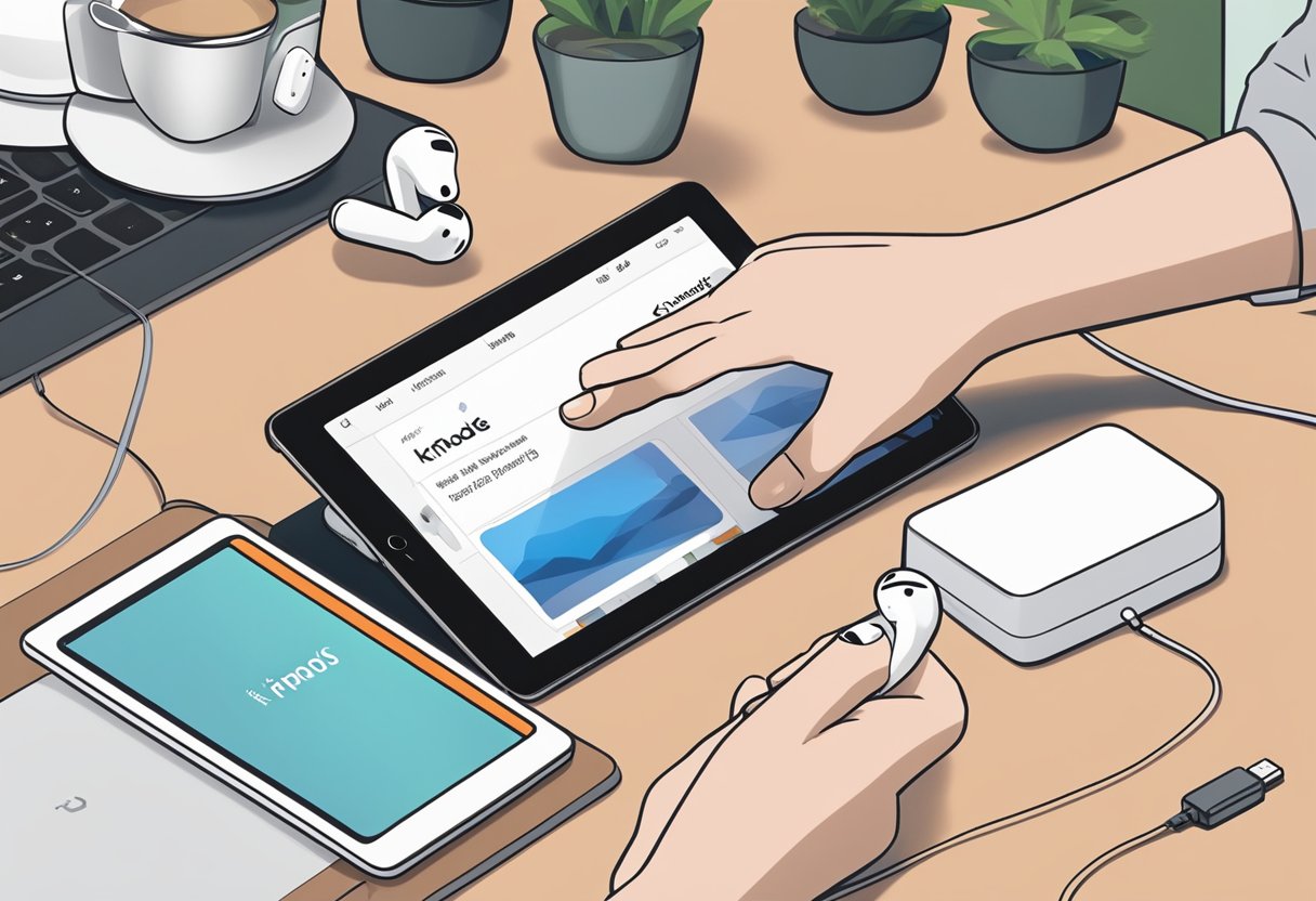 Airpods and Kindle Fire laid out on a table. A person's hands adjusting settings on the Kindle Fire while checking the Airpods for connectivity