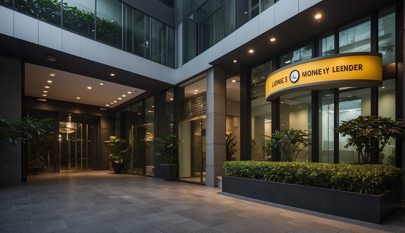 A licensed moneylender's signboard hangs above a sleek office entrance in Singapore. The logo features a bold, professional font and the words "Licensed Money Lender" in prominent lettering