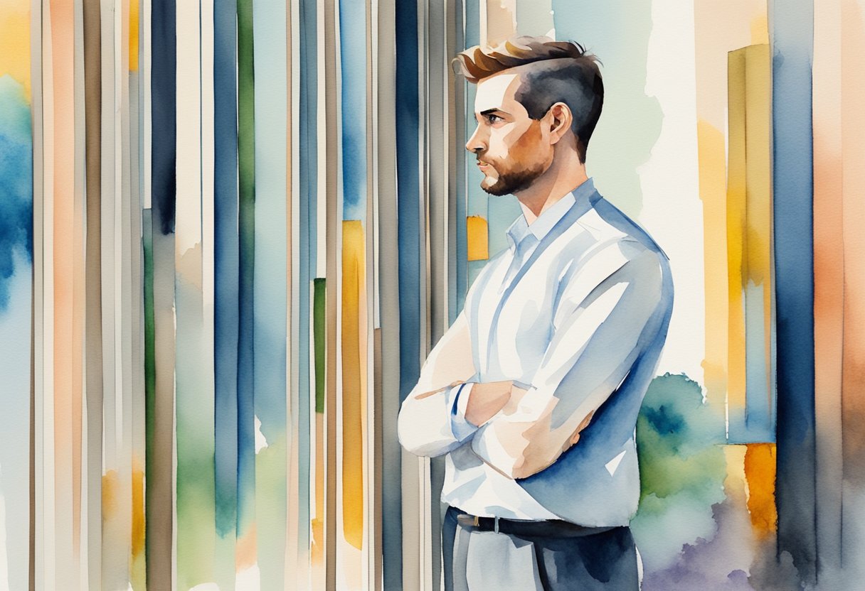 A person standing tall with arms crossed, facing a challenge with determination and confidence. The surroundings are modern and professional, with hints of bold colors and sharp lines