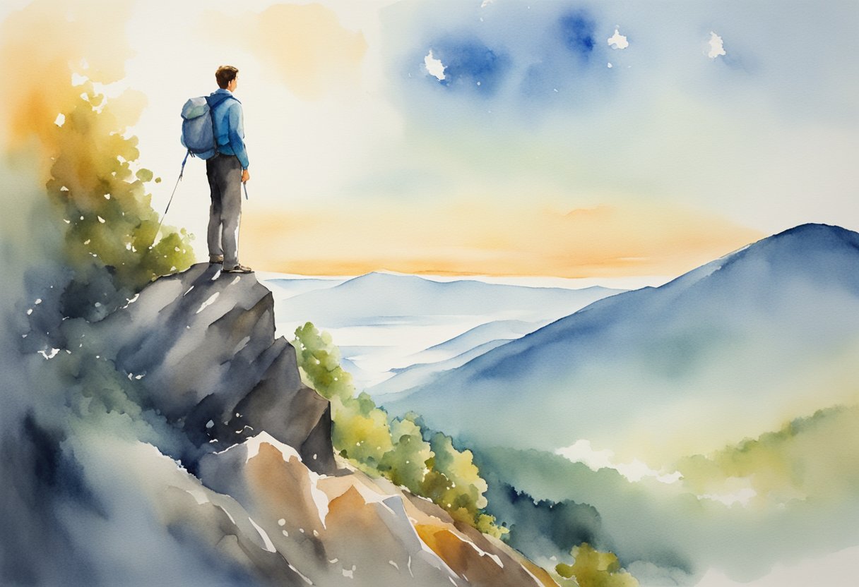 A figure stands confidently atop a mountain peak, gazing out at the expansive landscape below, exuding boldness and determination