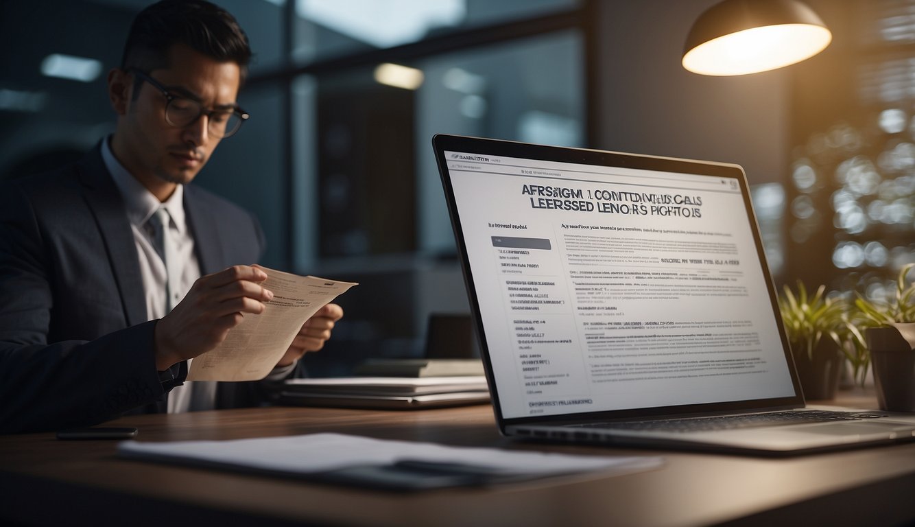A person sits at a desk, reading through loan terms and conditions. A sign above the desk reads "Licensed Money Lender Singapore: Achieve Your Financial Goals Now." The person looks focused and determined
