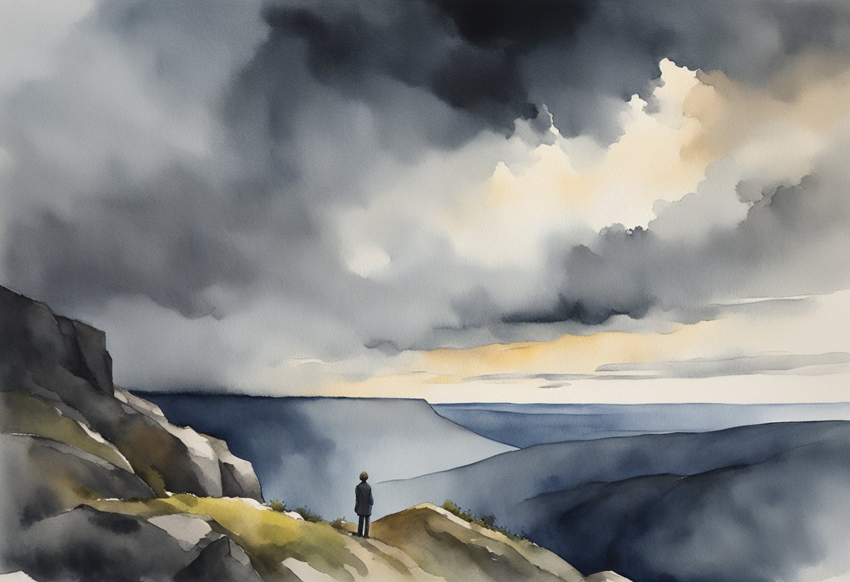 A lone figure stands at the edge of a cliff, looking out at a daunting landscape. Dark storm clouds loom overhead, but the figure stands tall and determined, ready to face the challenges ahead