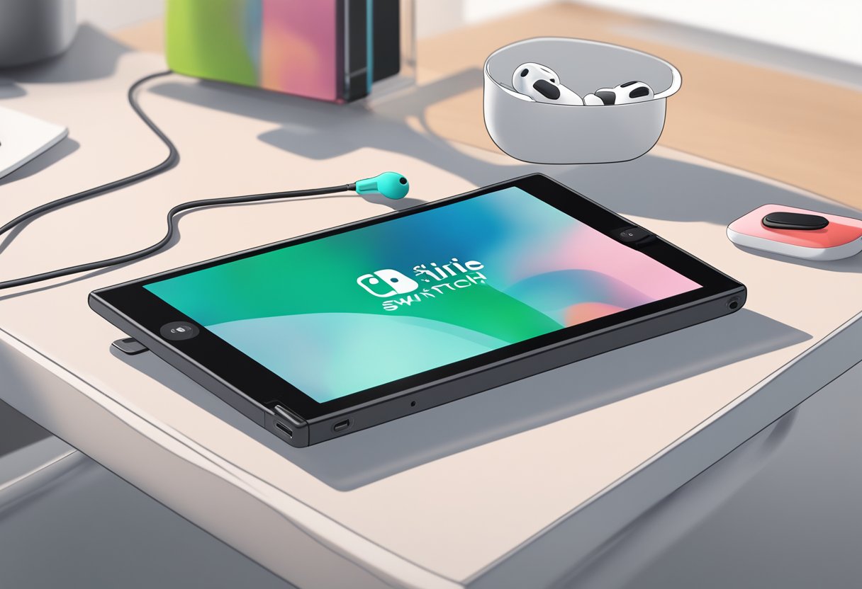 The Nintendo Switch is placed on a flat surface, while the AirPods are nearby. The user's attention is focused on the Switch, as they prepare to connect the AirPods