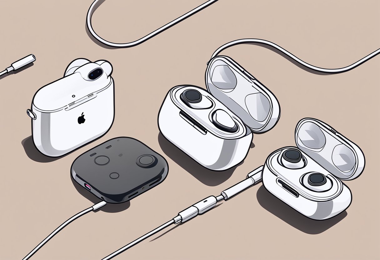 Airpods and Oculus Quest 2 connected with wires, both devices displaying error messages
