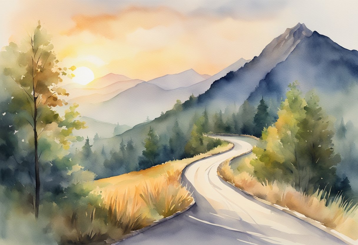 A winding road leading to a mountain peak, with the sun rising in the distance and a clear path ahead