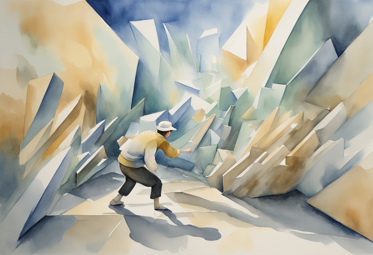 A figure pushing through a wall of obstacles, symbolizing the struggle for consistency. Motivational elements surround the figure, representing the ongoing battle between consistency and motivation