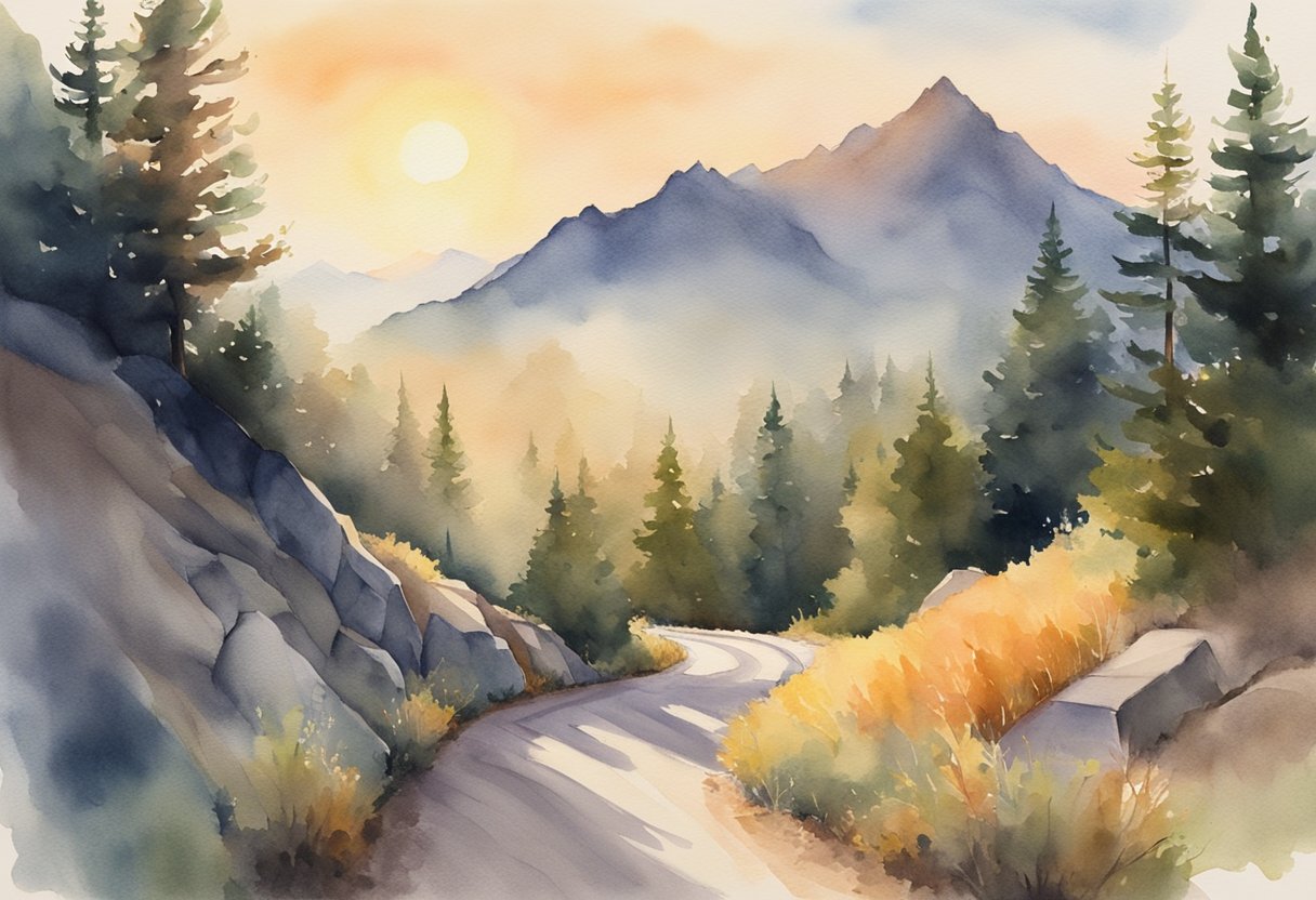 A winding road leading to a mountain peak, with a clear path on one side and a rocky, challenging path on the other. The sun is rising, casting a warm glow over the scene