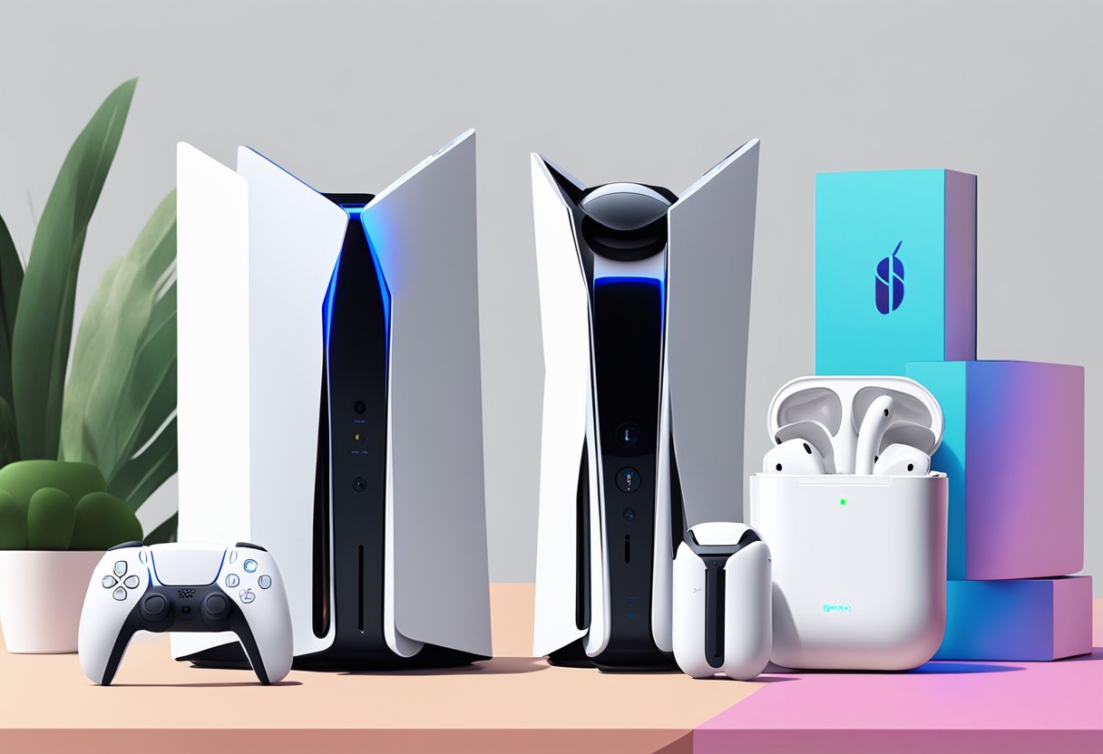 A PS5 console and AirPods placed next to each other for pairing