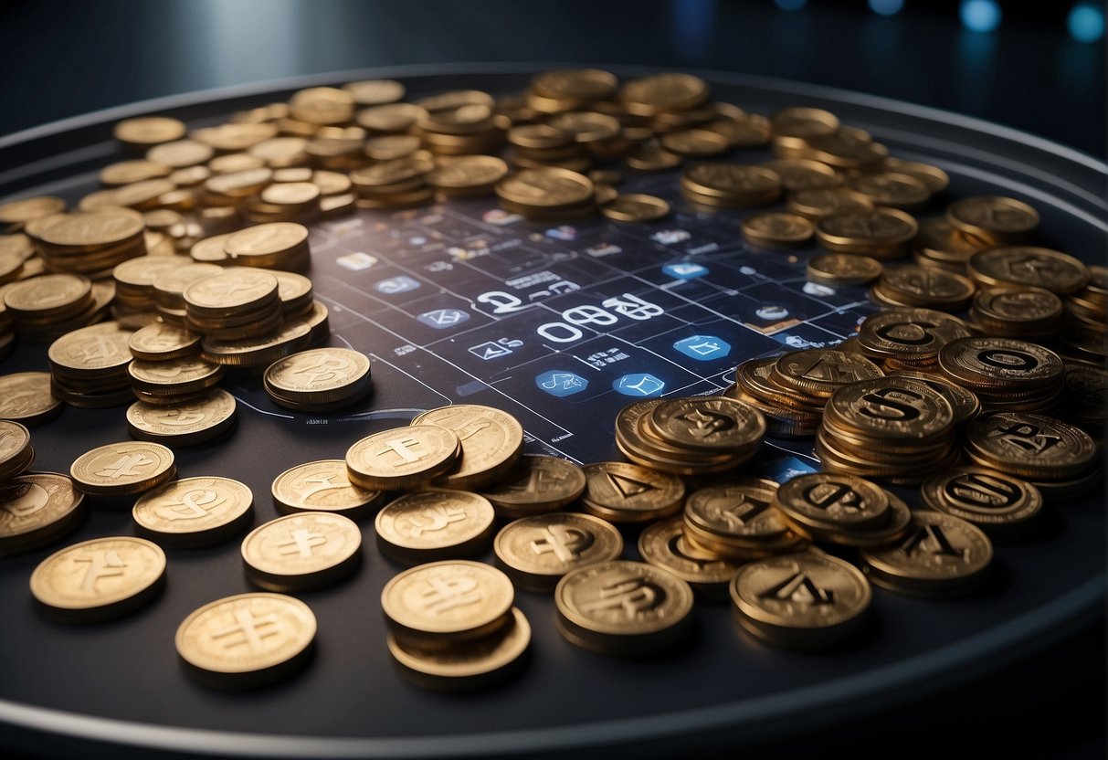 A landscape with various financial symbols and charts, with a question mark hovering over a pile of cryptocurrency coins
