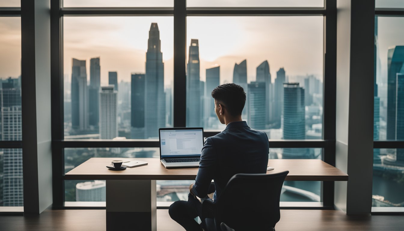 A person sits at a desk with paperwork and a laptop, contemplating the impact of taking a home loan after a personal loan in Singapore. The room is well-lit, with a window overlooking a city skyline