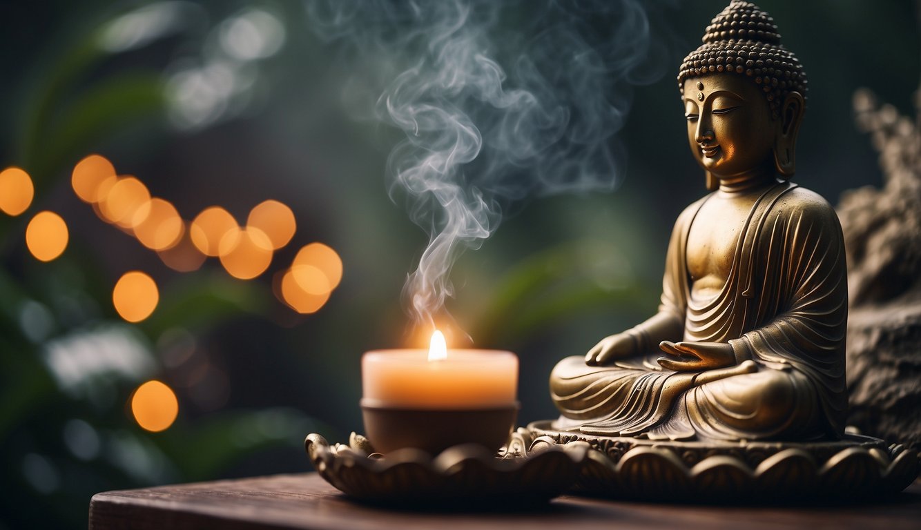 A serene setting with a burning incense stick releasing fragrant smoke, surrounded by peaceful symbols like a Buddha statue or tranquil nature elements