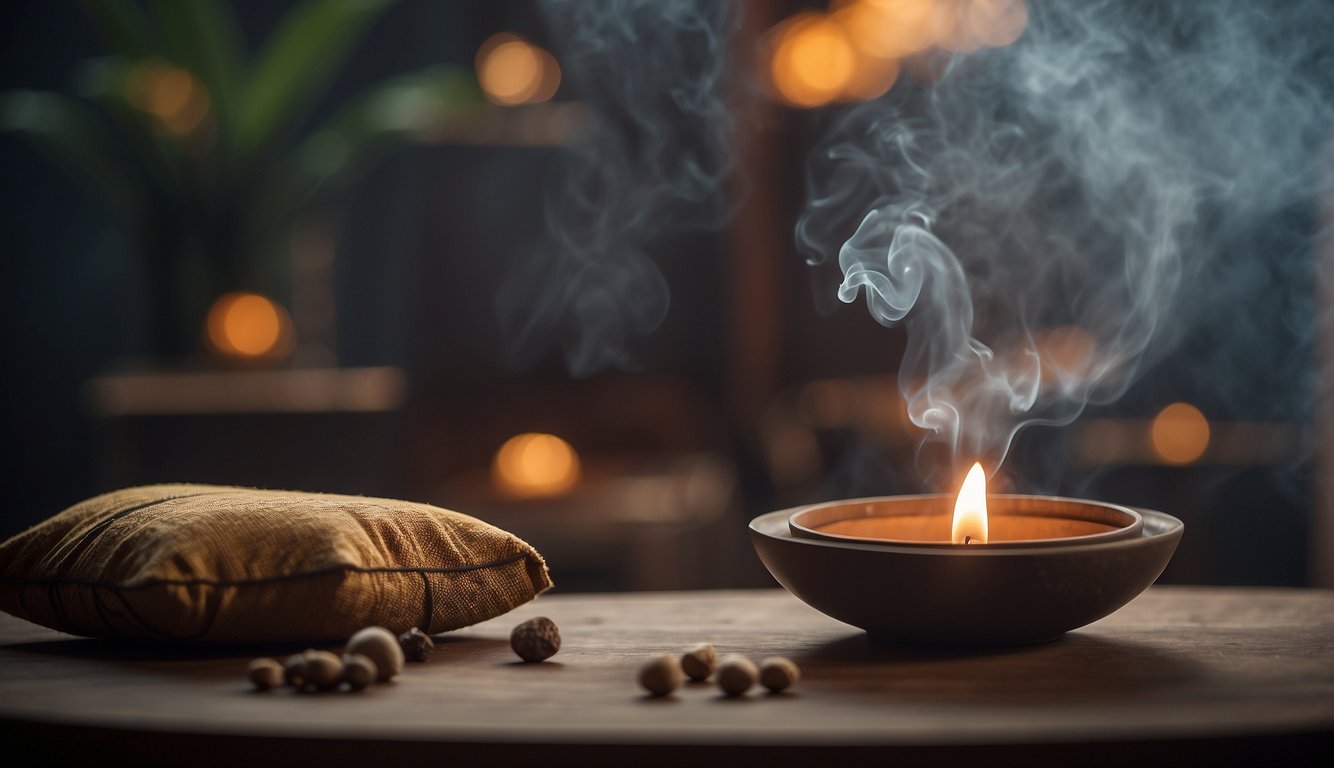 A tranquil setting with a burning incense stick releasing fragrant smoke, surrounded by meditation cushions and a calming atmosphere