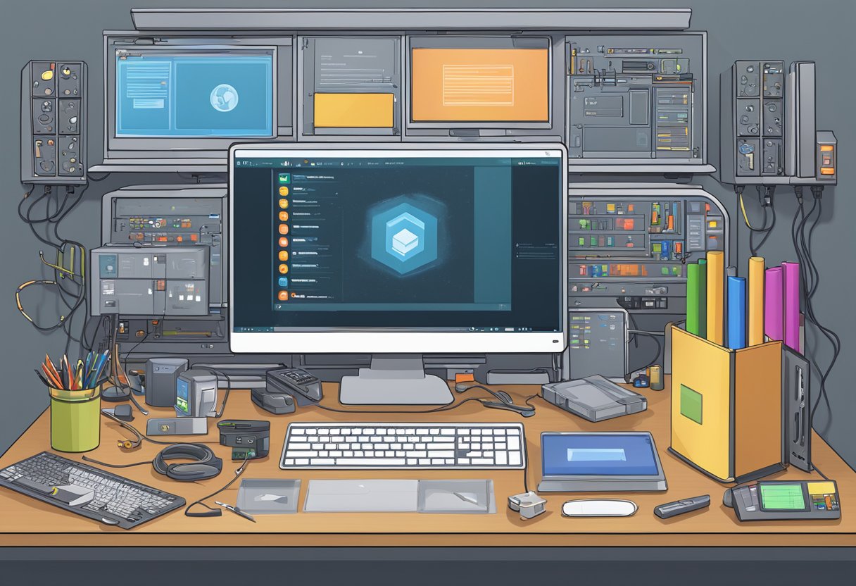 An open computer screen with a visible Armoury Crate software interface, surrounded by various computer components and tools
