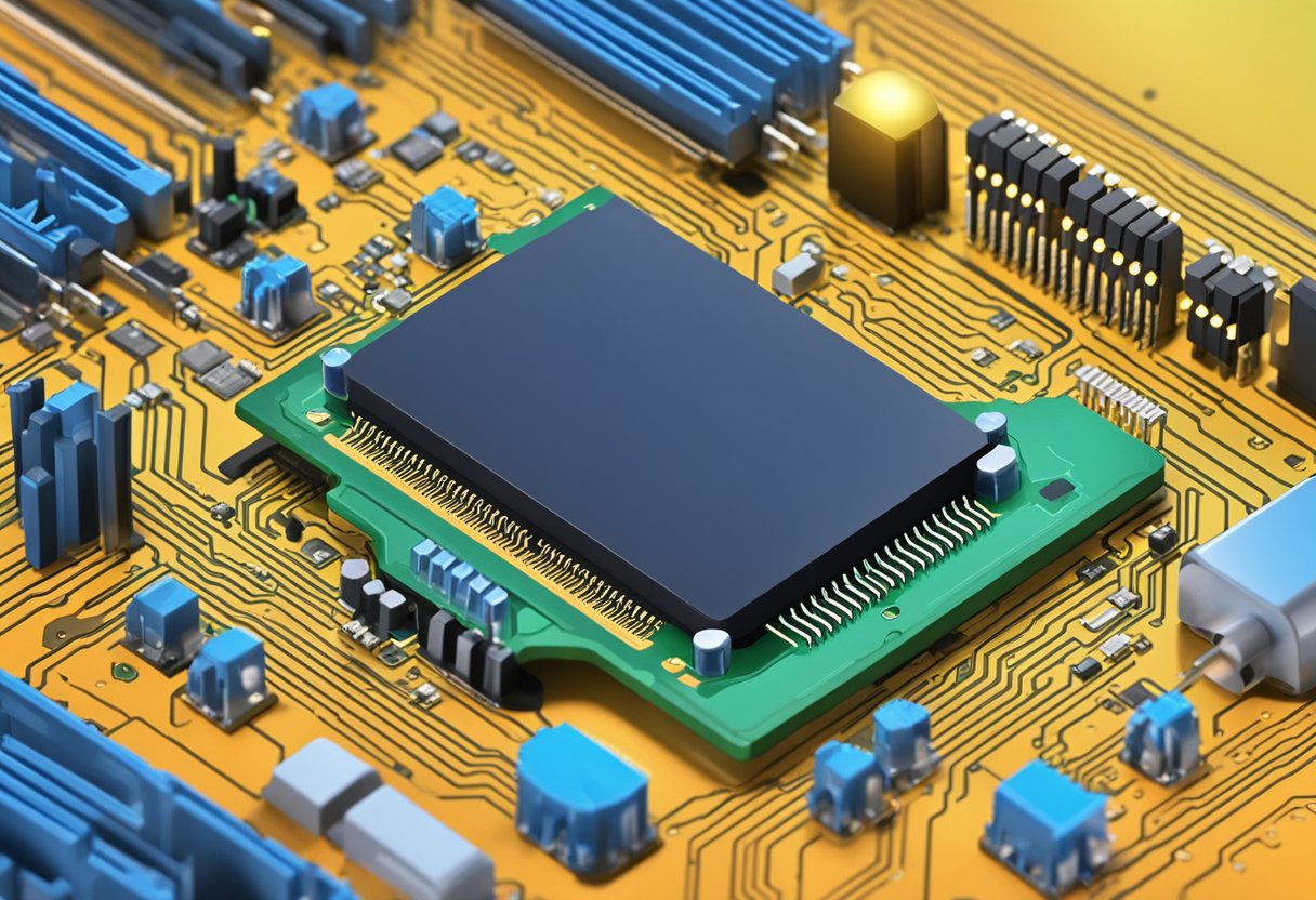 A computer motherboard with a BIOS chip being checked for updates using a diagnostic tool