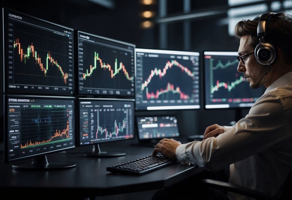 Cryptocurrency price charts fluctuate wildly. Traders monitor screens, analyzing data and making quick decisions