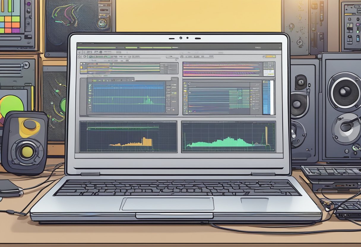 An open laptop with Audacity software on the screen, surrounded by various audio cables and devices. A puzzled expression on the laptop's screen