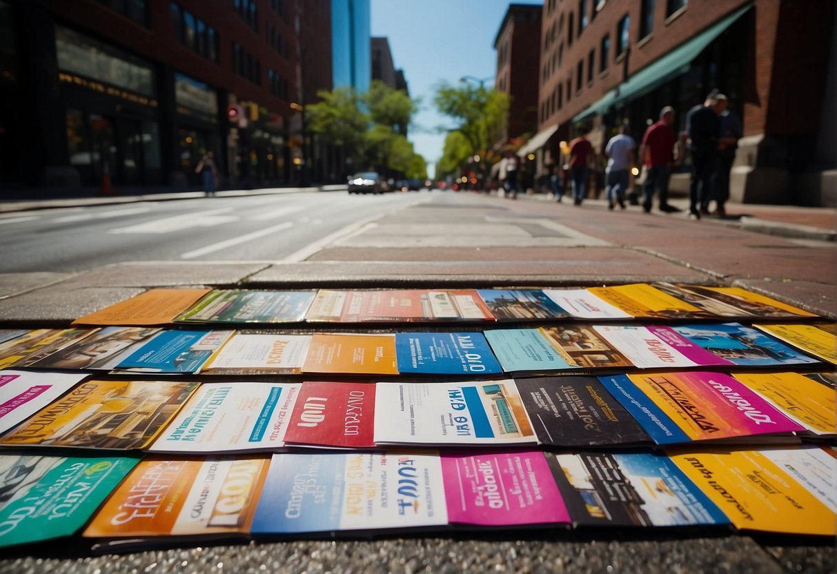 A bustling street in Boston, MA, with colorful printed materials displayed outside businesses, catching the attention of passersby