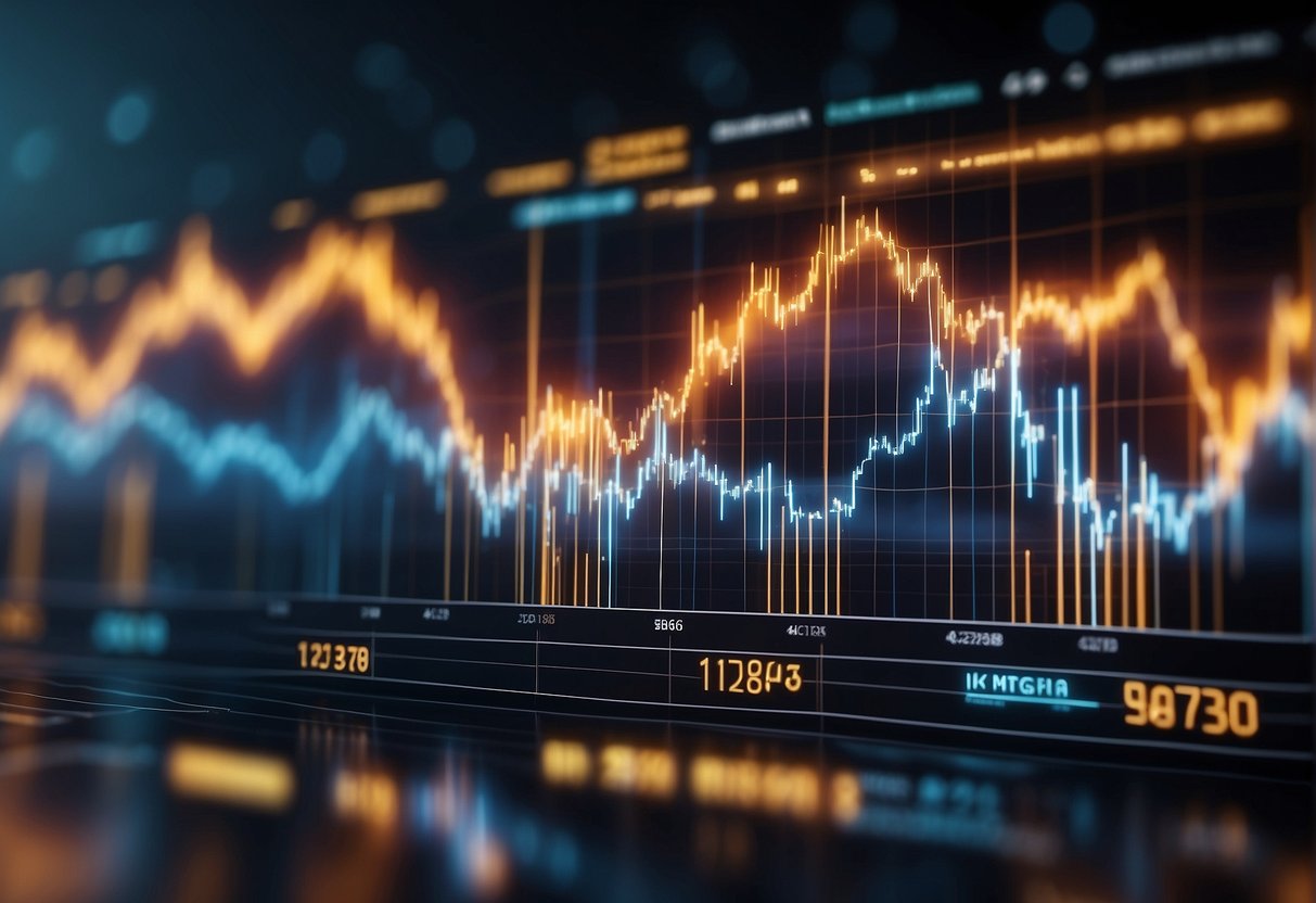 Cryptocurrency price chart fluctuates wildly, with peaks and valleys indicating market volatility. Investors react to changing supply and demand dynamics