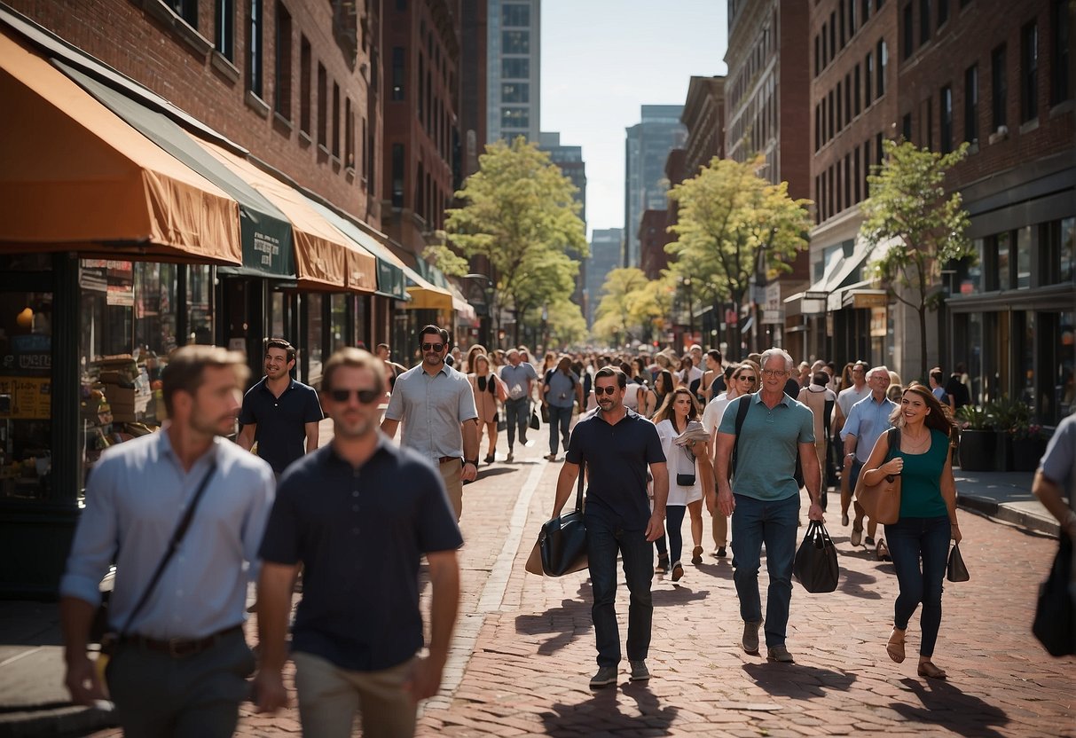 A bustling city street in Boston, MA, with people passing by storefronts adorned with promotional products. A mix of printed materials such as banners, signs, and branded merchandise catch the attention of pedestrians