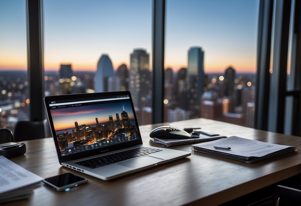 A sleek, modern office desk with a stack of business documents and a laptop, surrounded by Boston cityscape and iconic landmarks