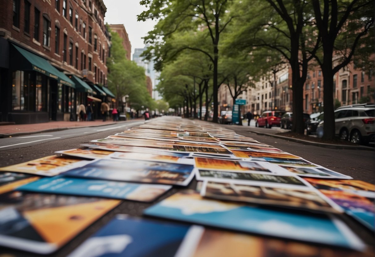 A bustling Boston street lined with colorful printed materials on display, showcasing the use of digital and offset printing techniques for advertising businesses