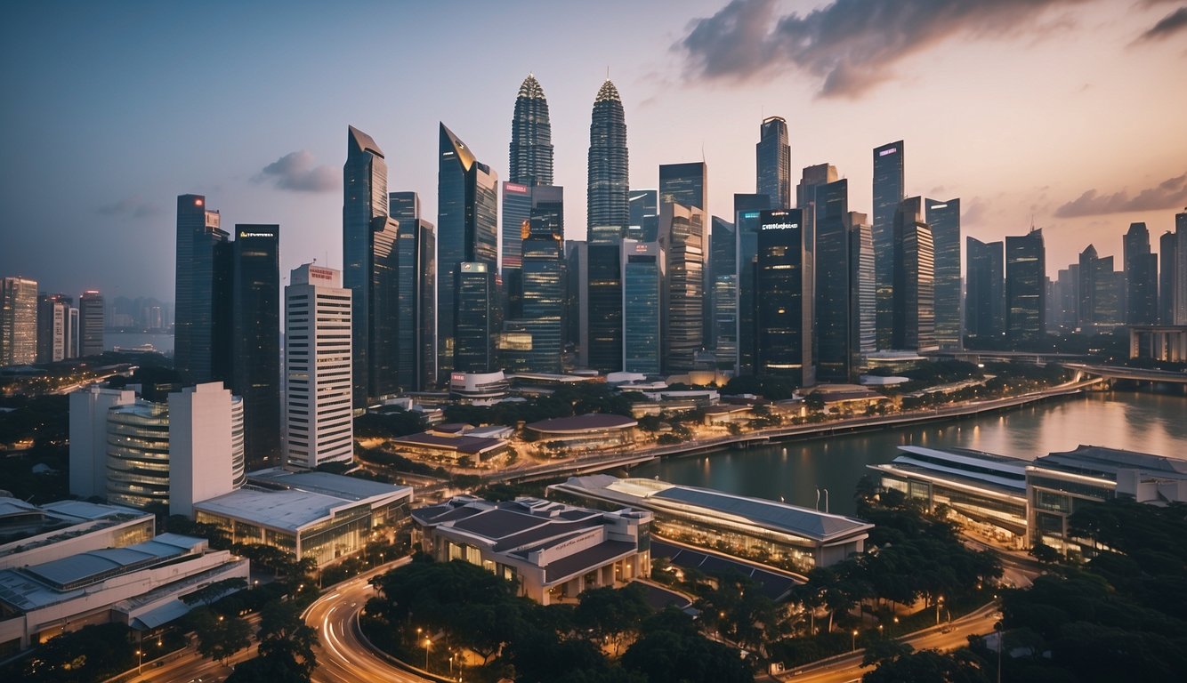 A bustling cityscape with towering bank buildings contrasted with smaller, more approachable licensed money lender storefronts. The city skyline looms in the background, depicting the financial landscape in Singapore