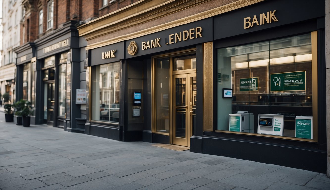 A bank and a licensed money lender stand side by side, each with their own distinct signage and branding. The bank exudes a sense of stability and tradition, while the money lender appears more approachable and modern