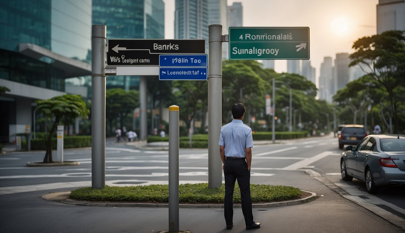 A borrower stands at a crossroads, with a signpost pointing to licensed money lenders and banks in Singapore. Each path is lined with different eligibility and requirements