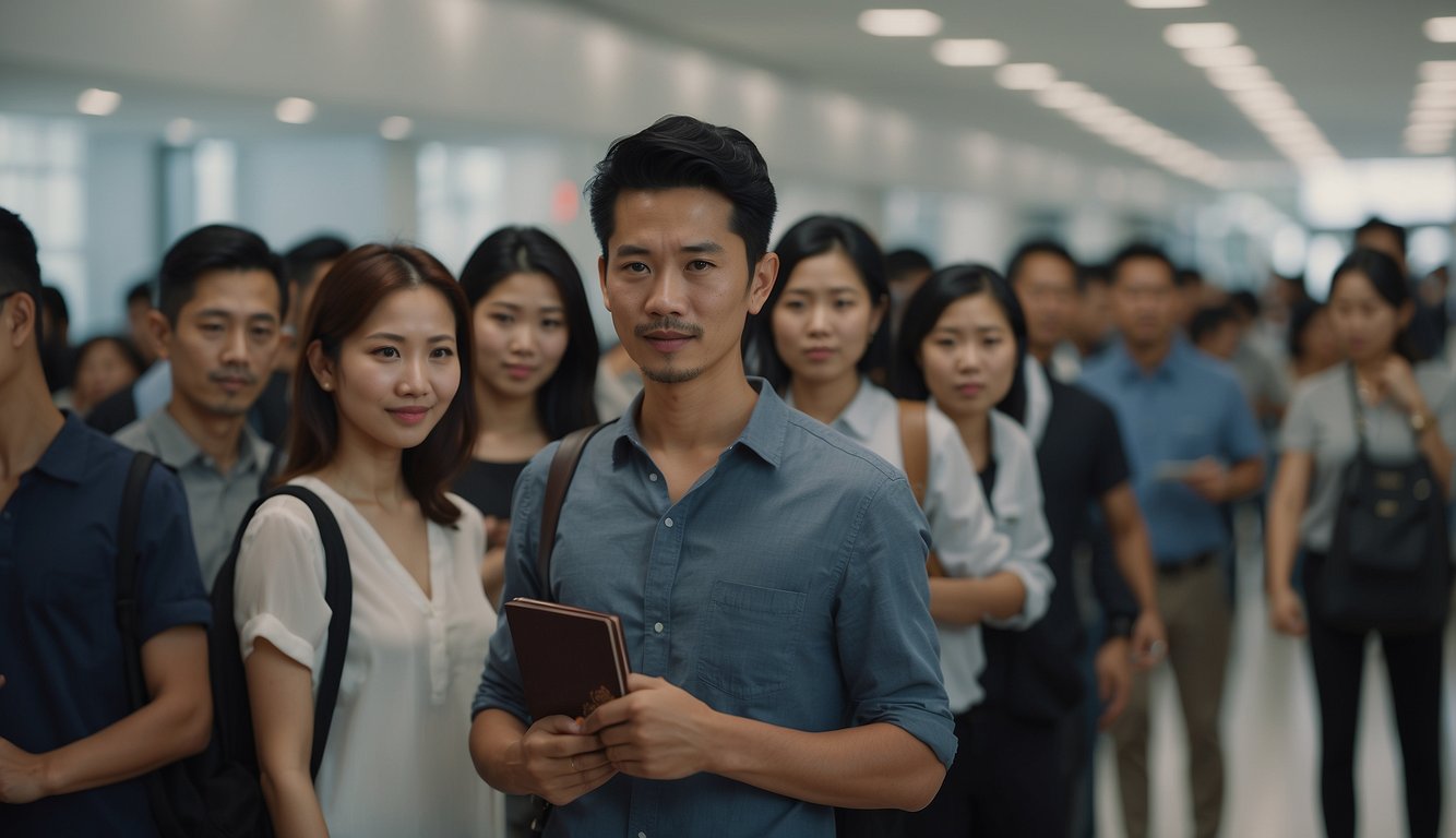A group of people, some with foreign passports, stand in line at a licensed money lender's office. Nearby, a Singaporean citizen walks into a bank