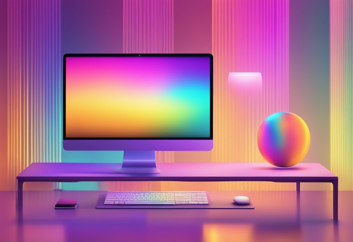 A glowing, multicolored gradient emanates from a computer, casting a soft, pulsating light across the room. The colors shift and blend seamlessly, creating a mesmerizing display