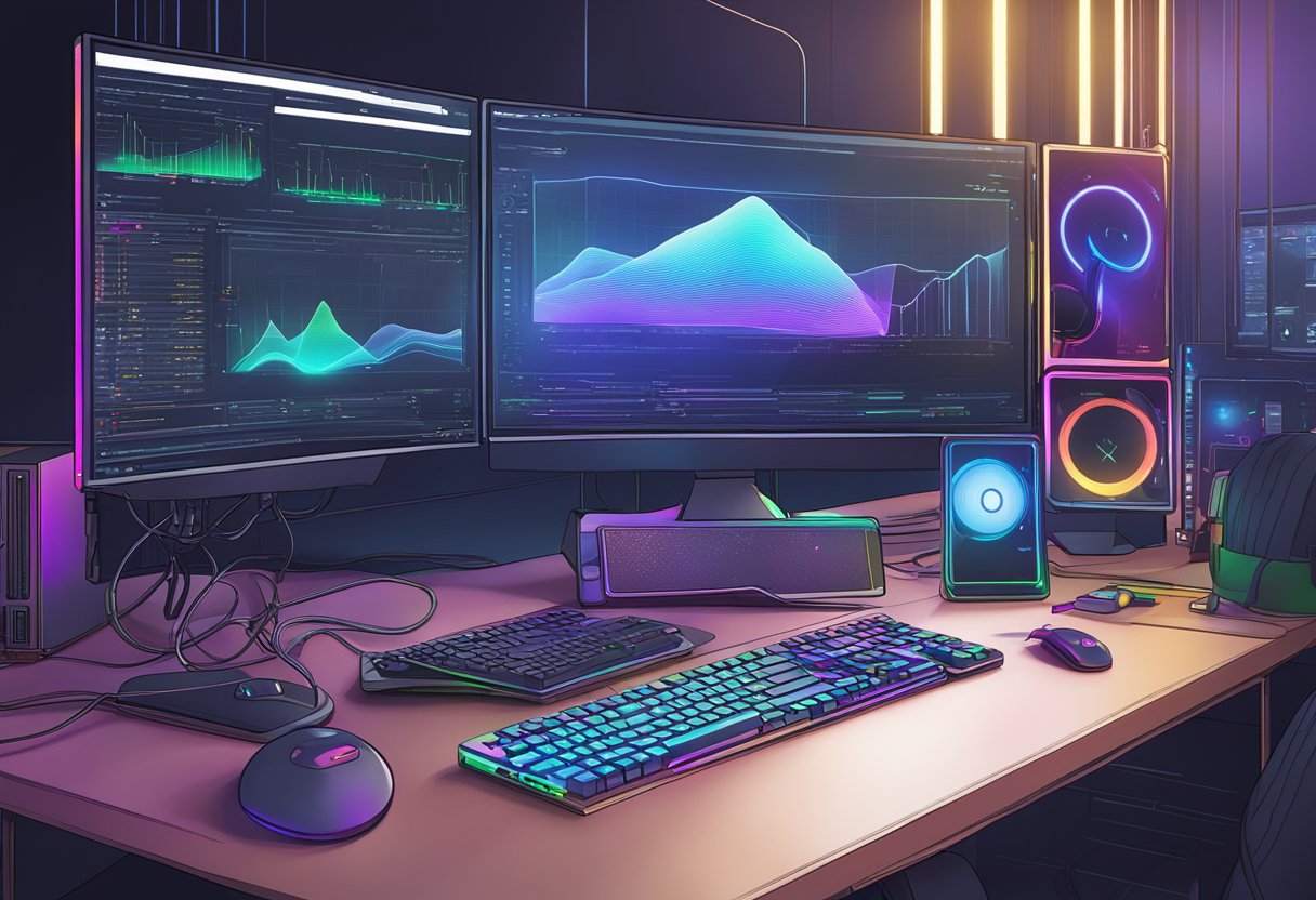 A computer motherboard with RGB lighting, connected peripherals, and a screen displaying Aura Sync software