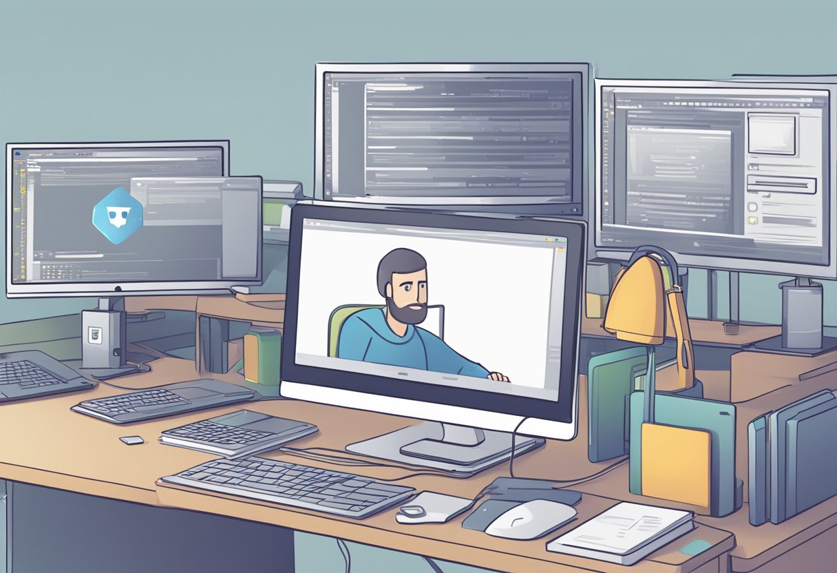 A computer screen with a "Better Discord" error message, a person troubleshooting with a laptop and internet connection