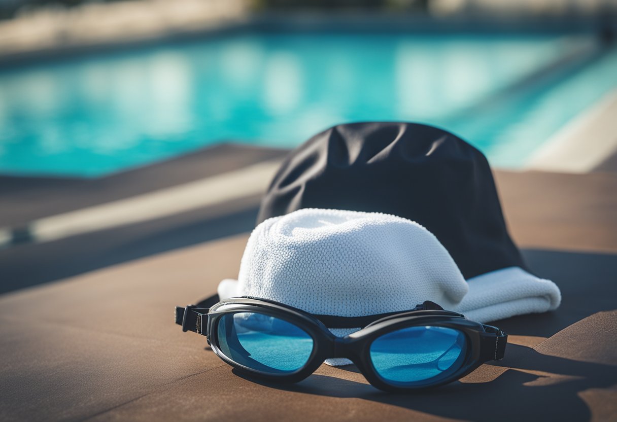 A swimming cap on a pool deck next to a pair of goggles and a towel