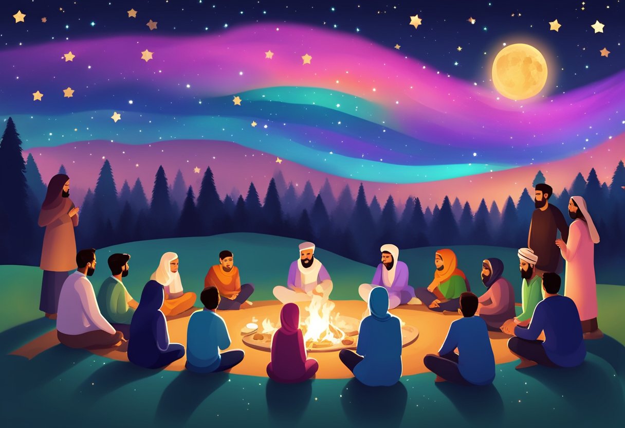 A colorful night sky with stars twinkling above, as families gather around bonfires, sharing food and sweets in celebration of Shab e Barat 2024