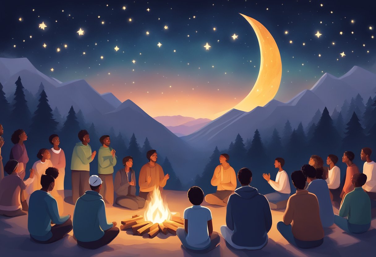 A night sky filled with twinkling stars, a crescent moon shining brightly, and people gathered around a bonfire, praying and seeking forgiveness