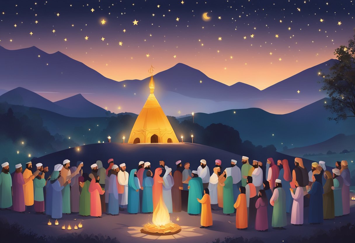 The night sky is filled with twinkling stars, as people gather around bonfires and light candles to celebrate Shab e Barat. The air is filled with the scent of incense and the sound of prayers and devotional songs