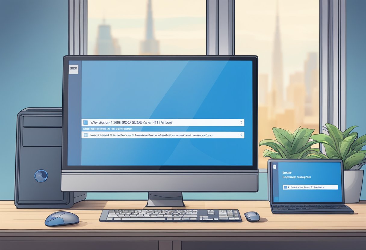 A computer screen displays a blue error message with "BSOD" and "Windows 11" on a desk with a keyboard and mouse